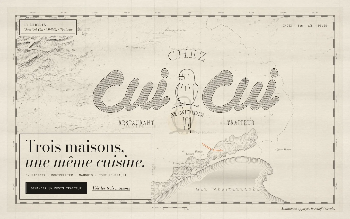 La carte gravée de l'Hérault : les hachures du relief se sont envolées pour dessiner le logo Chez Cui-Cui