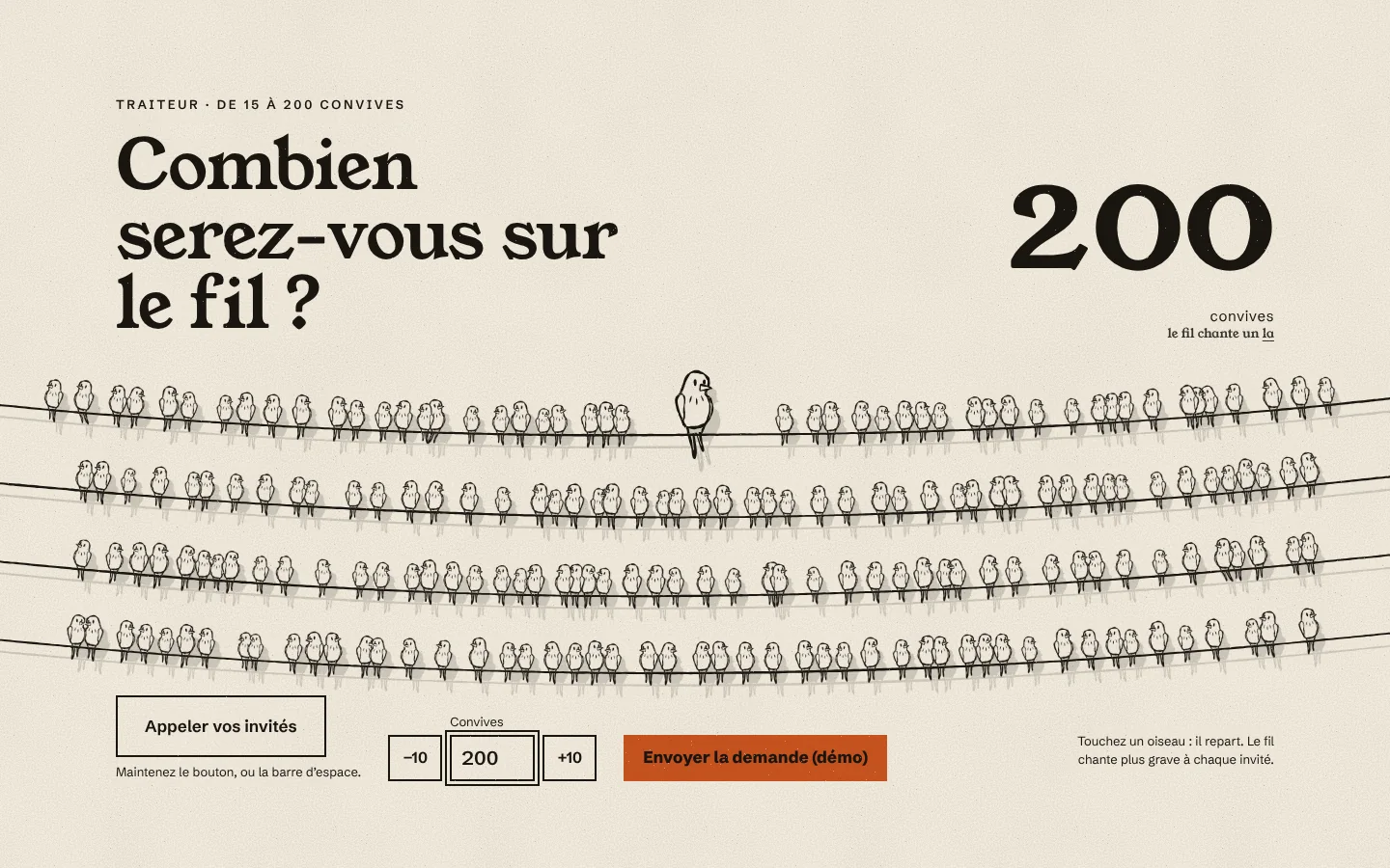 Deux cents oiseaux posés sur quatre fils d'encre, le compteur affiche 200 convives